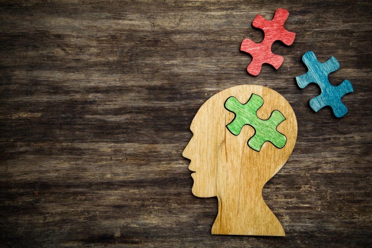 Puzzle pieces in wooden human head silhouette.